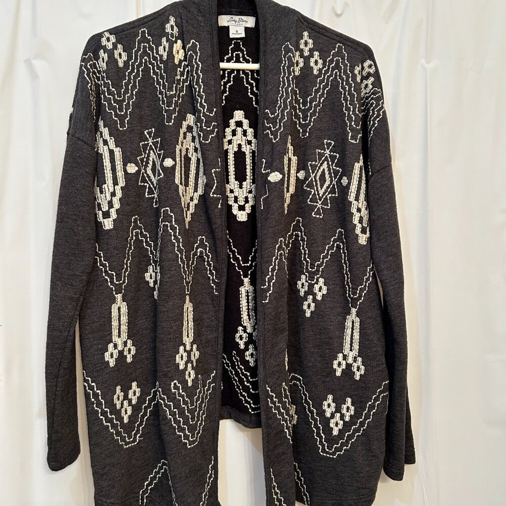 Lucky Bliss Aztec Sweater Jacket Open Front Gray Long Cardigan